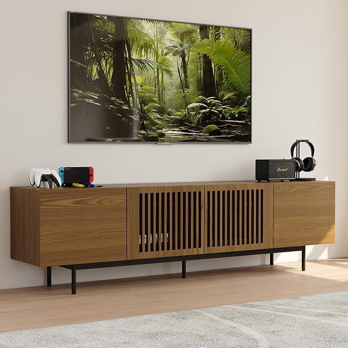 POVISON Full Assembled Mid-Century Modern TV Stand with Slatted Doors, Wood Media Console for 75 Inch TV, TV Console with Tall-cast Metal Legs, Entertainment Center with Storage for Living Room