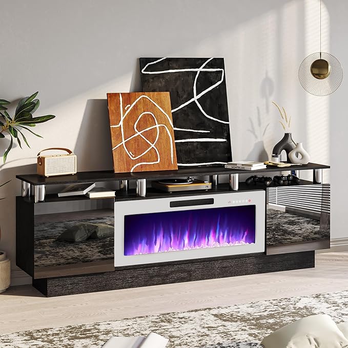 70" Modern Fireplace TV Stand with 36" Electric Fireplace for TVs Up to 80 inch, Luxury LED Light Entertainment Center with High Gloss Cabinet (Black + Silver Posts with White Fireplace)