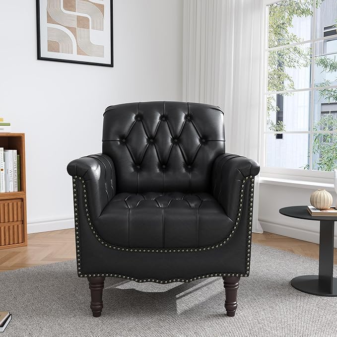 UIXE Faux Leather Accent Chairs Set of 2, Comfy Club Chair Upholstered Armchair for Living Room, Button Tufted Arm Chair Retro Single Sofa Side Reding Seat for Bedroom - Black Blue