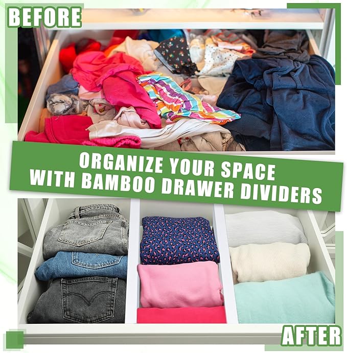 4 Pcs Deep Bamboo Drawer Dividers, Deep Kitchen Dresser Drawer Organizer with Spring Loaded for Clothes, Adjustable Expandable from 15-22 Inch(6 Inch,White)