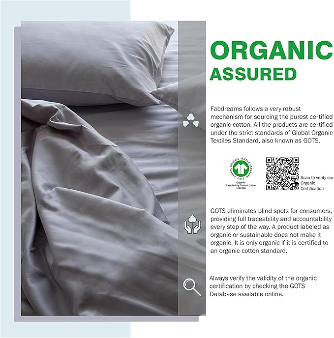 Fabdreams GOTS Certified 100% Organic Cotton Duvet Cover Queen Size - 400 TC Sateen - Soft - Silky - Zipper Closure - Edge Ties - 1 Duvet Cover (90"x92")+2 Pillow Shams (20"x26") - Light Gray, 3 Piece