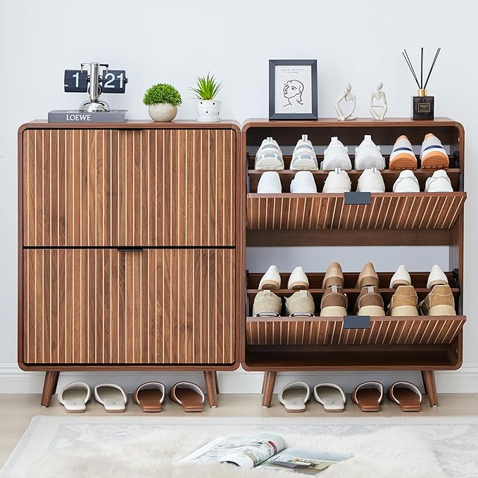 Narrow Shoe Cabinet for Entryway, Fluted Shoe Cabinet Storage with 2 Flip Drawers, Slim Shoes Rack Organizer (Walnut)