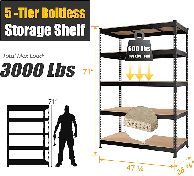 PrimeZone 47" W x 23.6" D x 71" H Large Heavy Duty Storage Shelves - 2 Pack 5 Tier Adjustable Garage Storage Shelving, Metal Storage Utility Rack Shelf Unit for Warehouse Pantry Closet Kitchen, Black