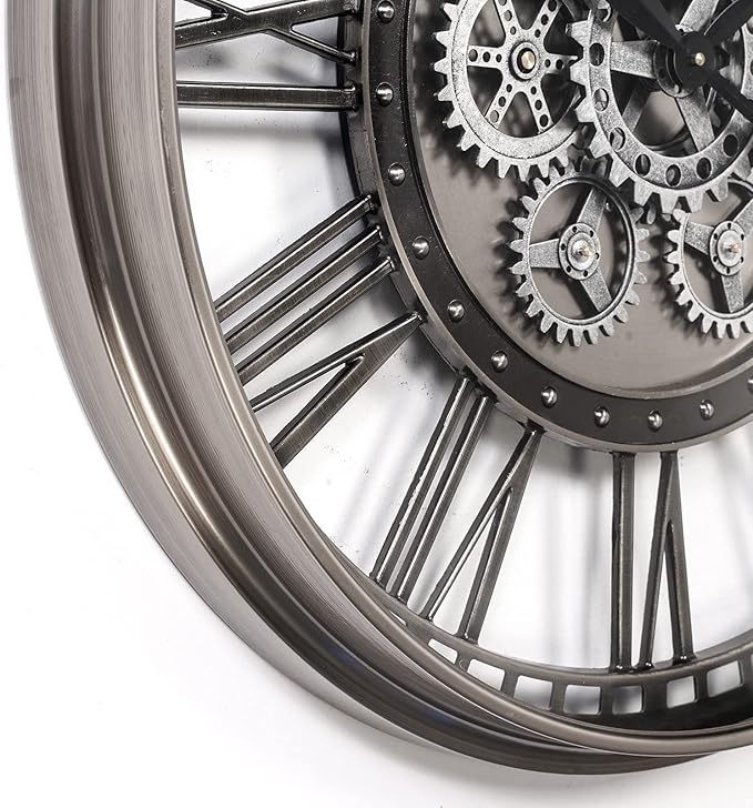 CLXEAST 28 Inch Original Real Moving Gear Wall Clock Roman Numerals,Oversized Large Wall Clocks for Modern Farmhouse Living Room Home Decor,Brushed Gunmetal