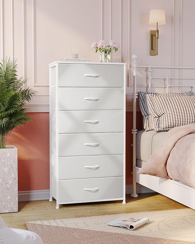 Crestlive Products Dresser for Bedroom with 6 Drawers, Tall Chest of Drawers, White Dressers Bedroom Furniture, Storage Organizer Unit with Bins for Closet, Hallway, Living Room, Entryway