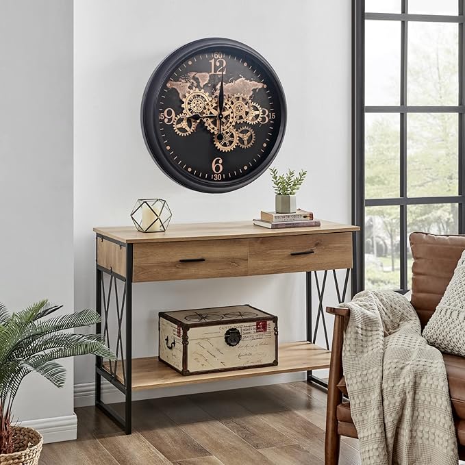 CLXEAST 24 Inch Moving Gear Wall Clock with World Map Pattern,Large Black Gold Metal Wall Clock for Modern Farmhouse Living Room Decor,Reloj De Pared para Sala