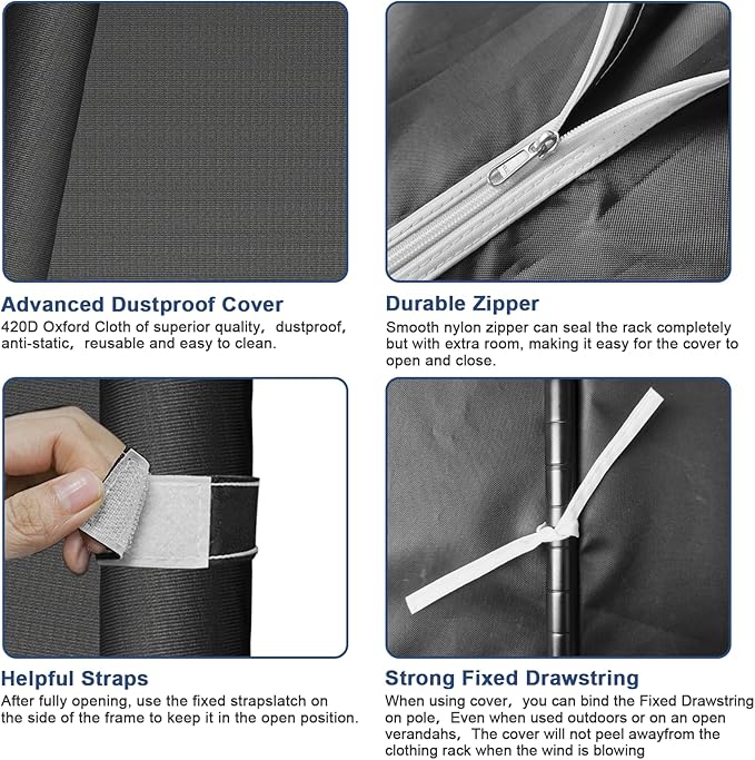 Ulif E12C Heavy Duty Closet Organizer System，Freestanding Clothing Rack, Adjustable Garment Rack 71" W x 16" D x 76.5" H Holds 960 lbs, Black Rack with Black Dustproof Cover