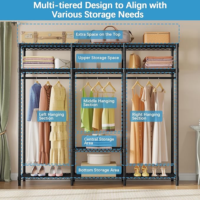 VIPEK V30C Clothes Rack with Cover, Heavy Duty Garment Rack with Oxford Fabric Cover, Portable Closet with Adjustable Shelves & Hang Rods, Freestanding Wardrobe Metal Closet Rack for Hanging Clothes