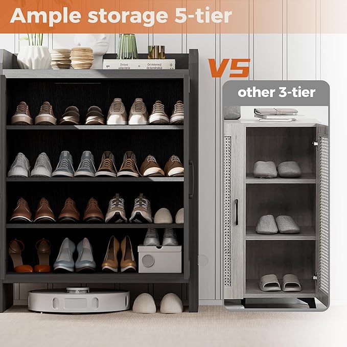 Shoe Cabinet Storage for Entryway, Natural Rattan Shoes Cupboard, Wooden Shoe Rack with Doors and Shelves, Farmhouse Boho Wood Shoe Organizer Cabinet for Hallway Black