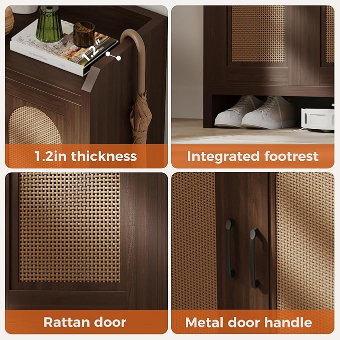 Shoe Cabinet Storage for Entryway, Natural Rattan Storage Cabinet, Wooden Shoe Rack, Farmhouse Boho Wood Shoe Organizer Cabinet for Hallway Walnut