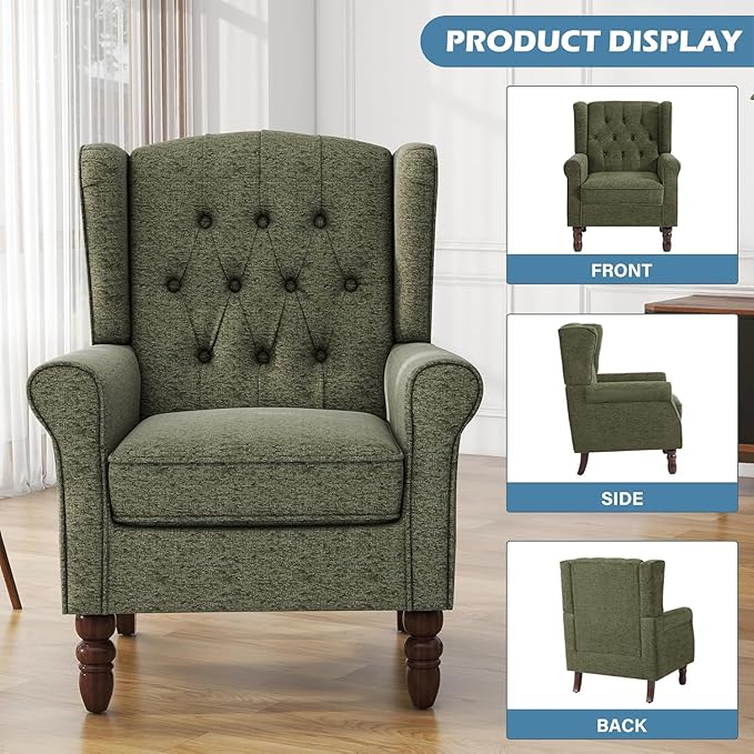 UIXE High Back Accent Chairs Set of 2, Upholstered Armchair in Fabric for Living Room, Retro Wingback Arm Chair Comfy Single Sofa Bedroom Reading Seat with Solid Wood Legs - Green