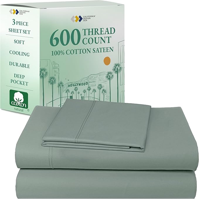 California Design Den Luxury Twin Sheet Set - 100% Cotton, 600 Thread Count Deep Pocket Twin Sheets, Soft Hotel-Quality Bedding with Sateen Weave (Sage Green - Cool Tone)