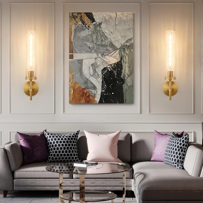 19.5" Knurled Brass Wall Sconces Set of 2, Gold Bathroom Vanity Light Fixtures with Crackle Glass Tube, Modern Lamp Lighting for Bedroom, Living Room, Hallway, Staircase, Mirror, Kitchen