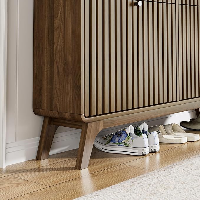 Large Shoe Cabinet for Entryway, Bamboo Narrow Shoe Cabinet Storage with 4 Flip Drawers, Slim Fluted Shoe Rack Organizer for Entry Way, Hallway, Thin, Skinny, Wood, Walnut