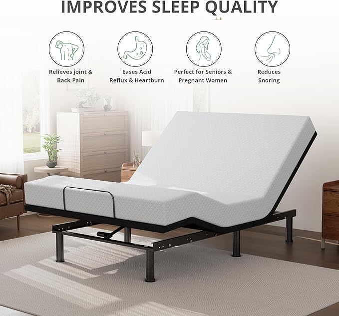 Queen Size Adjustable Bed Base Frame and 10 inch Green Tea Memory Foam Mattress, Electric Bed Base w/Wireless Remote, Zero Gravity Bed, Head and Foot Incline, Anti-Snore,Easy Assembly