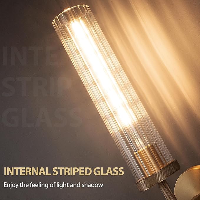 19.5" Knurled Brass Wall Sconce with Vertical Striped Glass Tube, Gold Bathroom Vanity Light Fixtures, Modern Lamp Lighting for Bedroom, Living Room, Hallway, Staircase, Mirror, Kitchen