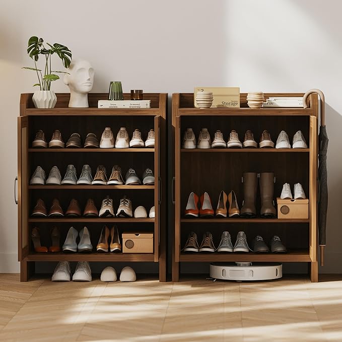 Shoe Cabinet Storage for Entryway, Natural Rattan Storage Cabinet, Wooden Shoe Rack, Farmhouse Boho Wood Shoe Organizer Cabinet for Hallway Walnut