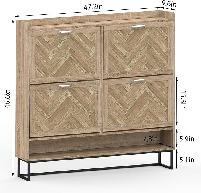 MISHAO Shoe Cabinet Storage for Entryway, Boho Narrow Hidden Shoe Cabinet with 4 Flip Drawers and Metal Legs, Freestanding Slim Shoe Organizer for Entryway, Natural