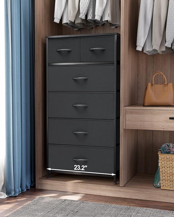 Crestlive Products Vertical Dresser Storage Tower - Sturdy Steel Frame, Wood Top, Easy Pull Fabric Bins - Organizer Unit for Bedroom, Entryway, Closets - 6 Drawers (Black)