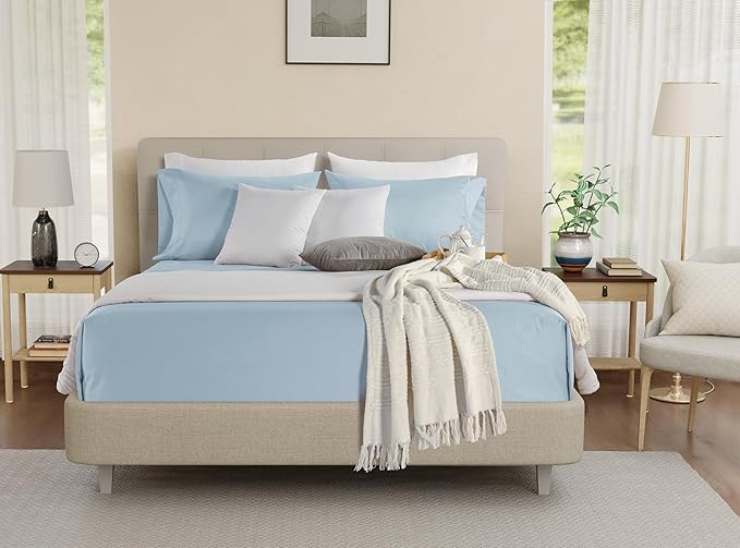 100% Cotton Bed Sheets Queen Size Bed Set, 800 Thread Count Deep Pocket Queen Sheet Set, Soft Breathable Cool Sateen Weave 4PC Egyptian Cotton Sheets, No Pill & Shrink, Machine Washable - Light Blue