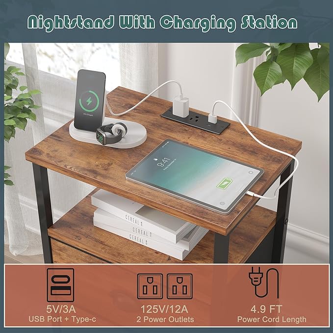 Nightstand with Charging Station,LED Nightstand with 4 Fabric Drawers, Bedside End Tables, 2-Tier Open Storage Shelf Side Table Nightstand with Drawers for Bedroom,Rustic Brown