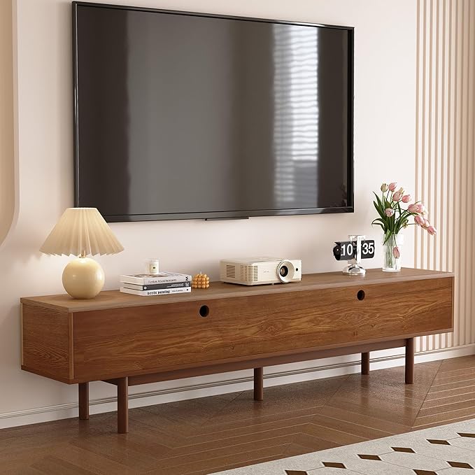 Mid Century Modern 86.6" Solid Wood TV Stand, Ready-to-Use Entertainment Center with Storage, TV Console for Living Room & Bedroom, Walnut
