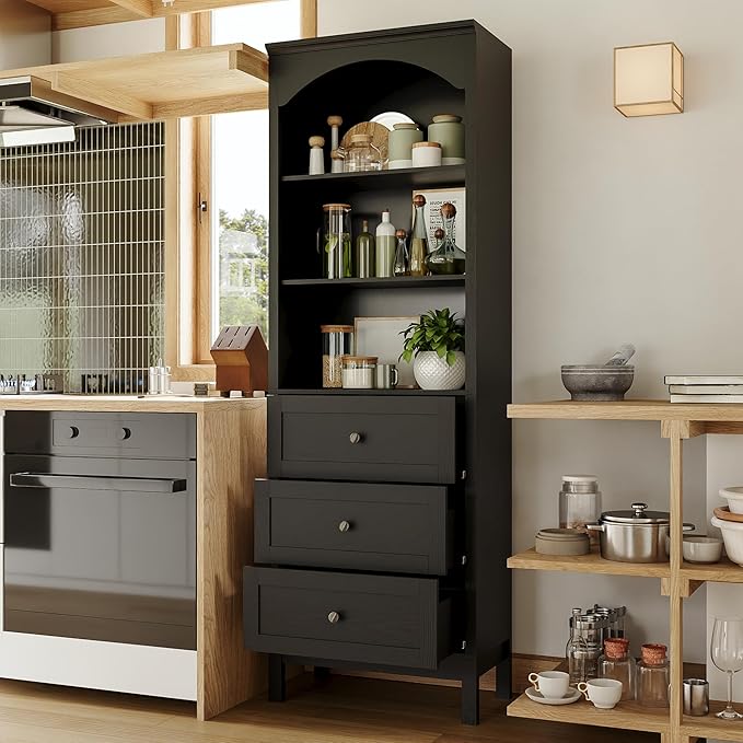 71" H Tall Bookshelf with Drawers, Farmhouse Book Shelf with 3-Tier Open Shelves, Wooden Bookcase with Storage Drawers, Freestanding Bookshelves for Bedroom, Living Room, Black