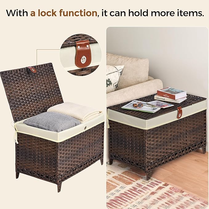 Wicker Storage Basket with Lid,Rattan Shelf Basket with Removable Liner Bag,200L Storage Bin,Storage Trunk with Heightened Feet,Storage Container for Wardrobe,Home Organizer