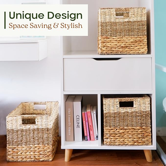 12x12 Storage Cube Bins Wicker Storage Basket for Cube Shelf, Natural Foldable Square Baskets for Storage, Large Woven Cube Storage Bin with Handle, Baskets for Pantry, Bedroom Set of 4