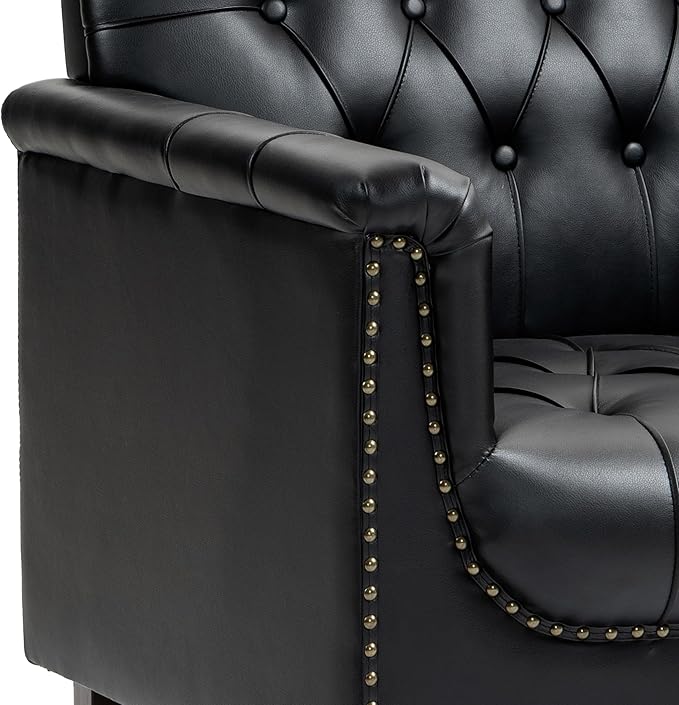 UIXE Black Accent Chair for Living Room, Faux Leather Tufted Arm Chair Retro Upholstered Club Armchair for Bedroom