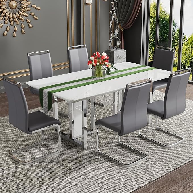 67'' Modern Dining Table Set for 6,White Kitchen Table Set,Luxury Dining Table Set with 1.8-inch Thick Faux Marble Table Top＆6 Pu Leather Upholstered Chairs Ideal for Dining kicken Room