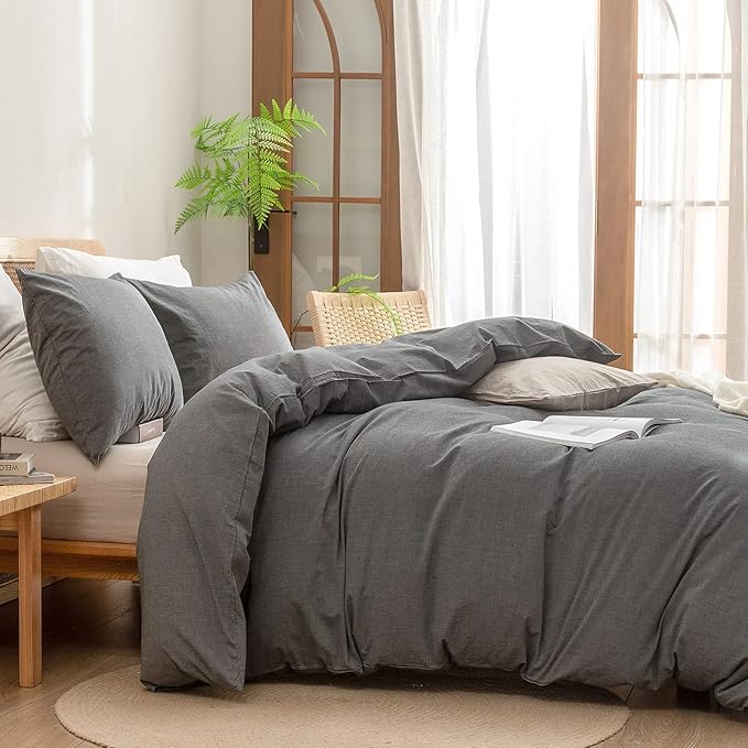 BESTOUCH Duvet Cover Set 100% Washed Cotton Linen Feel Super Soft Comfortable Chic Lightweight 3 PCs Home Bedding Set Solid Dark Grey Oversized Queen