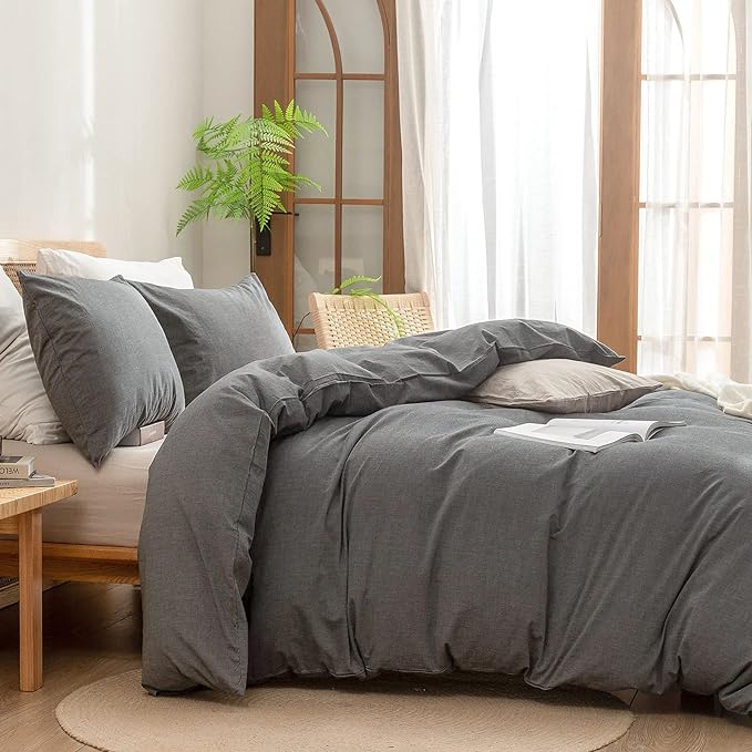 BESTOUCH Duvet Cover Set 100% Washed Cotton Linen Feel Super Soft Comfortable Chic Lightweight 2 PCs Home Bedding Set Solid Dark Grey Twin/Twin XL