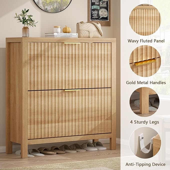 Shoe Cabinet Storage for Entryway, Fluted Shoe Cabinet with 2 Flip Drawers, Hidden Shoe Rack Tall Freestanding Shoe Organizer with Legs for Hallway, Wood