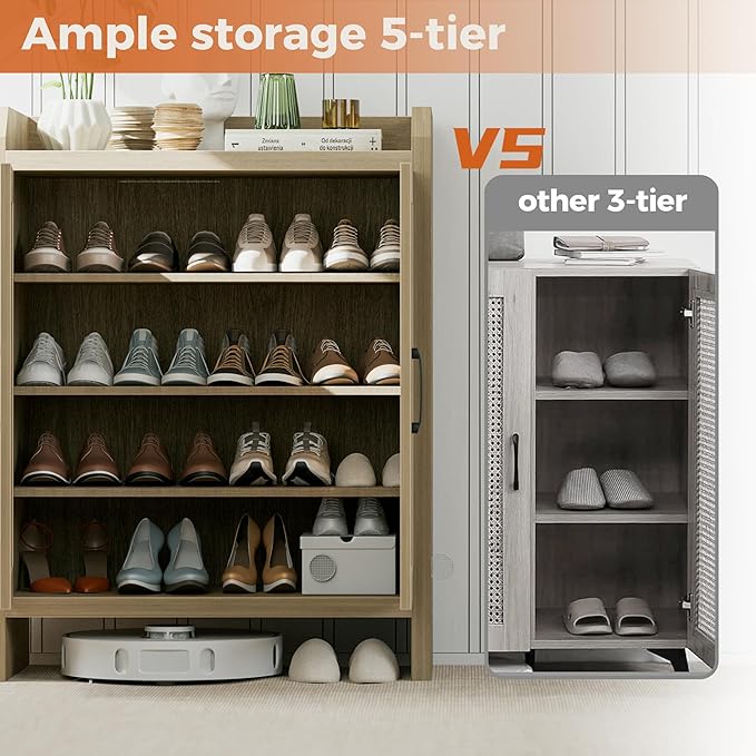 Shoe Cabinet Storage for Entryway, Rattan Storage Cabinet, Wooden Shoe Rack with Doors, Farmhouse Boho Wood Shoe Organizer Cabinet for Hallway (Oak)