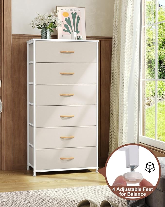 Crestlive Products Dresser for Bedroom with 6 Drawers, Tall Chest of Drawers, Fabric Dressers Bedroom Furniture, Storage Organizer Unit with Bins for Closet, Hallway, Living Room, Entryway(Beige)