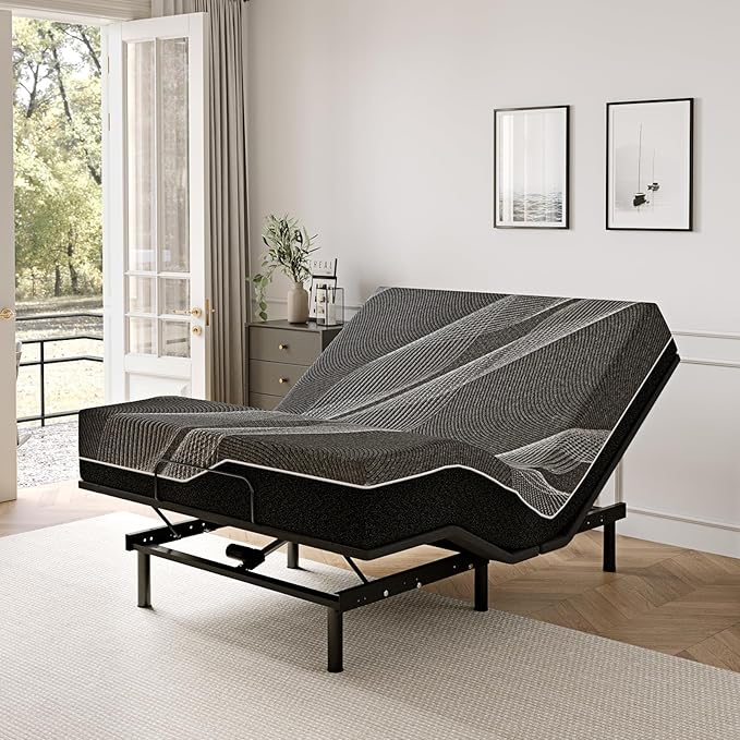 Queen Adjustable Bed Base Frame with Wireless Remote + 14 Inch Queen Gel Memory Foam Mattress Bed in a Box, Head and Foot Incline, Zero Gravity, Fiberglass Free, 80" × 60"