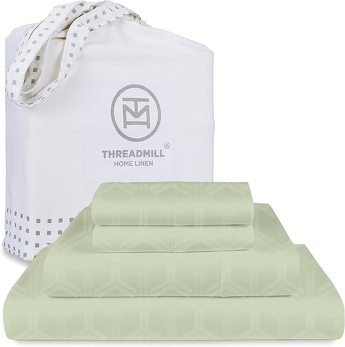 Threadmill 100% Cotton Sheets for Full Size Bed - 600 Thread Count Full Bed Sheets Set with 16” Deep Pocket - Jacquard Sateen Weave 4-Piece Bedding Set with Cooling Effect, Sage Green