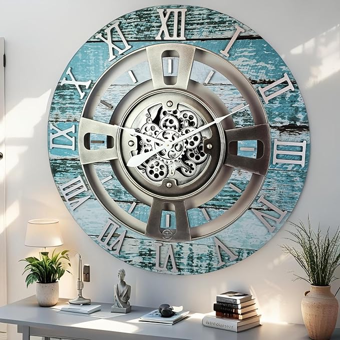 The Gears Clock Real Moving Gear Wall Clock England Line (Aqua Green, 24 inches (60 cm))