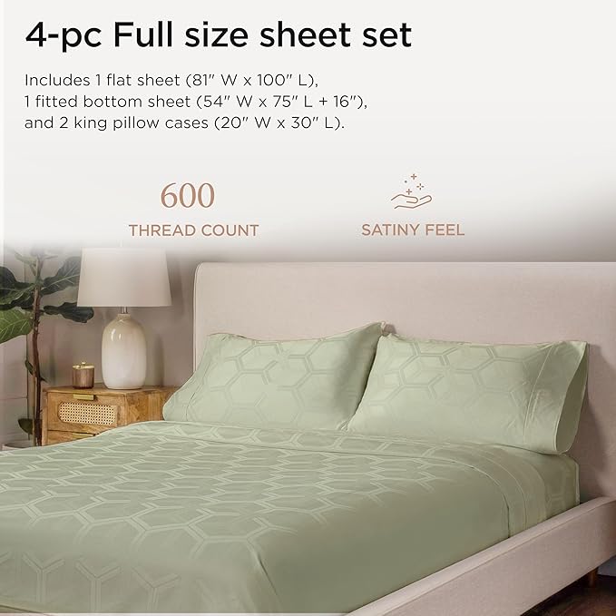 Threadmill 100% Cotton Sheets for Full Size Bed - 600 Thread Count Full Bed Sheets Set with 16” Deep Pocket - Jacquard Sateen Weave 4-Piece Bedding Set with Cooling Effect, Sage Green