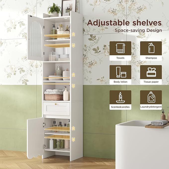 Tall Bathroom Storage Cabinet with 1 Drawer and 2 Doors - Modern Bath Organizer, Slim Freestanding Storage for Bathroom Essentials (11.8 Inches Wide), White