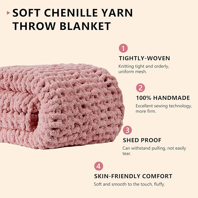 L'AGRATY Chunky Knit Blanket Throw - Soft Chunky Throw Blanket 60x80: 100% Hand Kintted Chenile Crochet Throw Blanket for Couch - Large Cable Knit Chunky Blanket for Home Decor(Rose Pink)