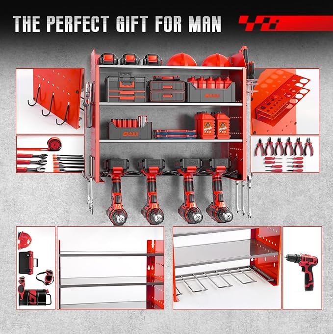 Power Tool Organizer Wall Mount, 4 Tier Tool Organizer For Space Saving,Used For Electric Drills, Saws And Toolbox Parts, Wall Hooks