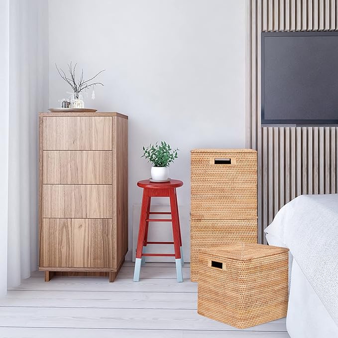 Rattan Basket With Lid, Large Lidded Basket For Storage(13.7" L×13.7"W×13.7"H)