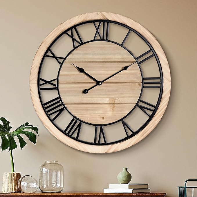 Maxstar 30'' Wall Clock for Living Room Decor, Silent Rustic Wooden Farmhouse Wall Clock with Metal & Real Wood Frame, Battery Operated, for Kitchen Bedroom Office, Roman Numerals