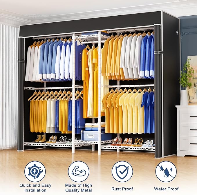 Ulif E12C Heavy Duty Closet Organizer System，Freestanding Clothing Racks for Hanging Clothes，Adjustable Garment Rack 71" W x 16" D x 76.5" H Hold 960 lbs，White Clothing Rack with Black Dustproof Cover