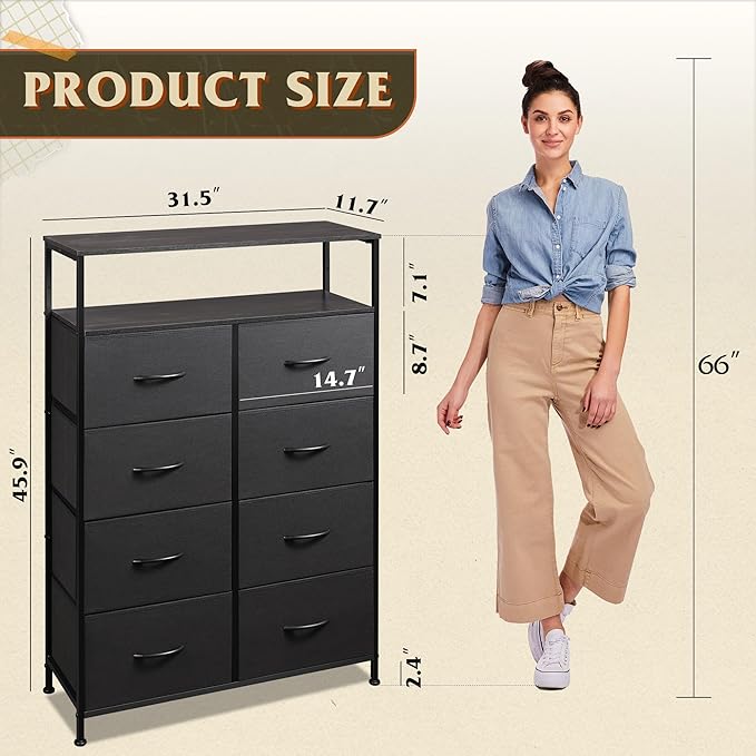 WLIVE Fabric Dresser for Bedroom with Open Shelves, Tall White Dresser with 8 Drawers, Storage Tower with Fabric Bins, Chest of Drawers for Closet, Hallway