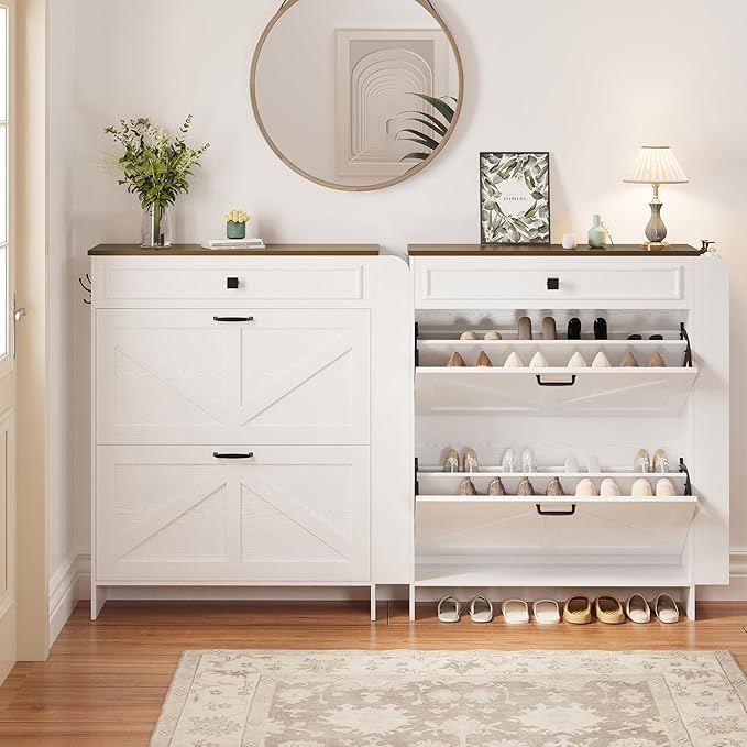 IRONCK Shoe Storage Cabinet with 2 Flip Drawers & Barn Door Design, Freestanding Shoe Cabinet Organizer with Drawer and Shelves for Entryway, Farmhouse Shoe Rack Cabinet, White/Walnut