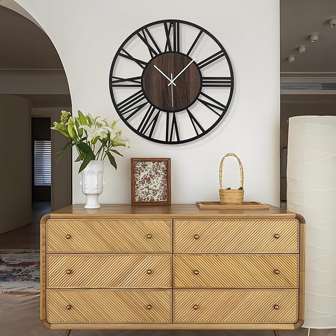 LEIKE Large Wall Clocks for Living Room,Silent,Non Ticking,Battery Operated Oversized Vintage Round Modern Wood Wall Clock for Bedroom,Farmhouse,Office Home Decor-24 Inch(Black-Roman Numerals)
