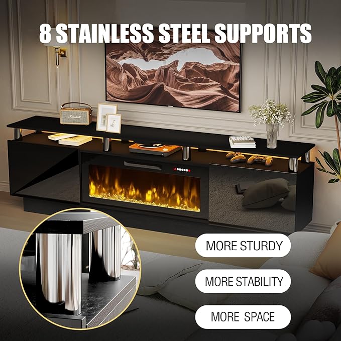 80" Modern Fireplace TV Stand with 36" Electric Fireplace for TVs Up to 90 inch, Luxury LED Light Entertainment Center with High Gloss Cabinet, TV Consoles for Living Room, Black